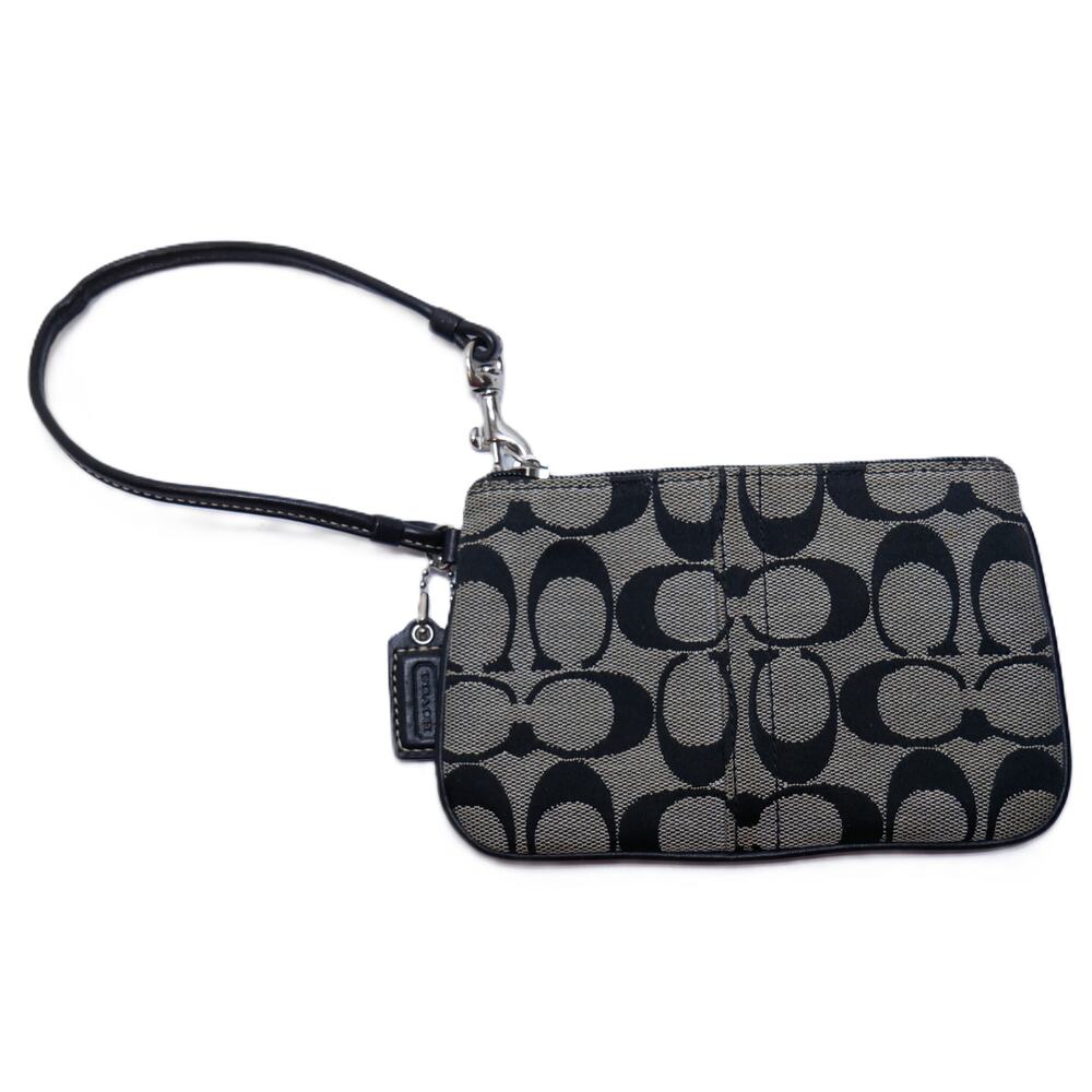 COACH VINTAGE SIGNATURE SMALL ACCESSORY POUCH ZIP WRISTLET CANVAS BLACK GREY